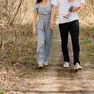 Blue and white floral jumpsuit